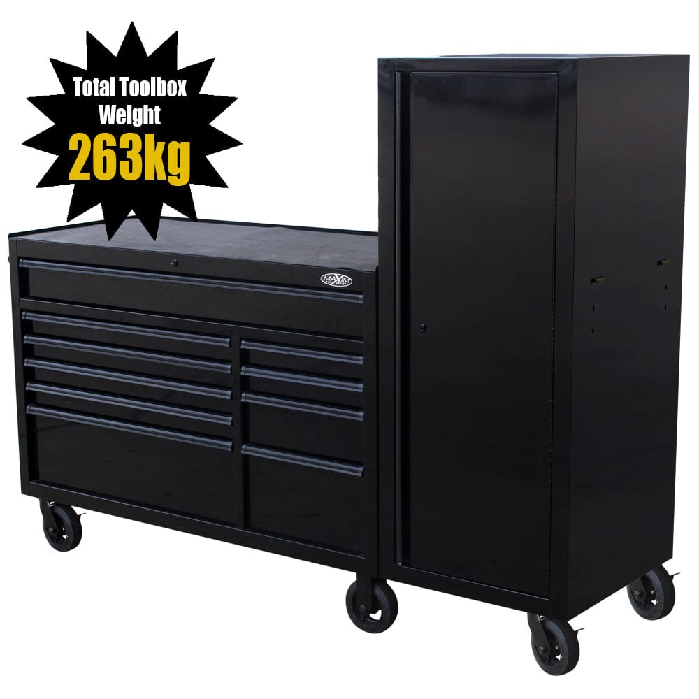 Maxim Pro Series 54” Workstation - 54” Roll cabinet, 54” Side Locker +/- Stainless Steel Top MAXIM 76” Black Workstation Toolbox with 15 Drawers