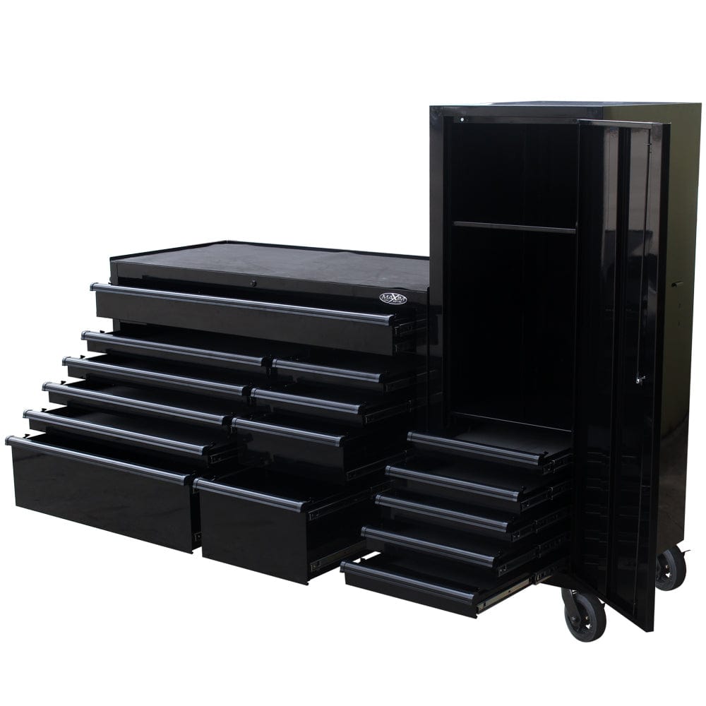 Maxim Pro Series 54” Workstation - 54” Roll cabinet, 54” Side Locker +/- Stainless Steel Top MAXIM 76” Black Workstation Toolbox with 15 Drawers