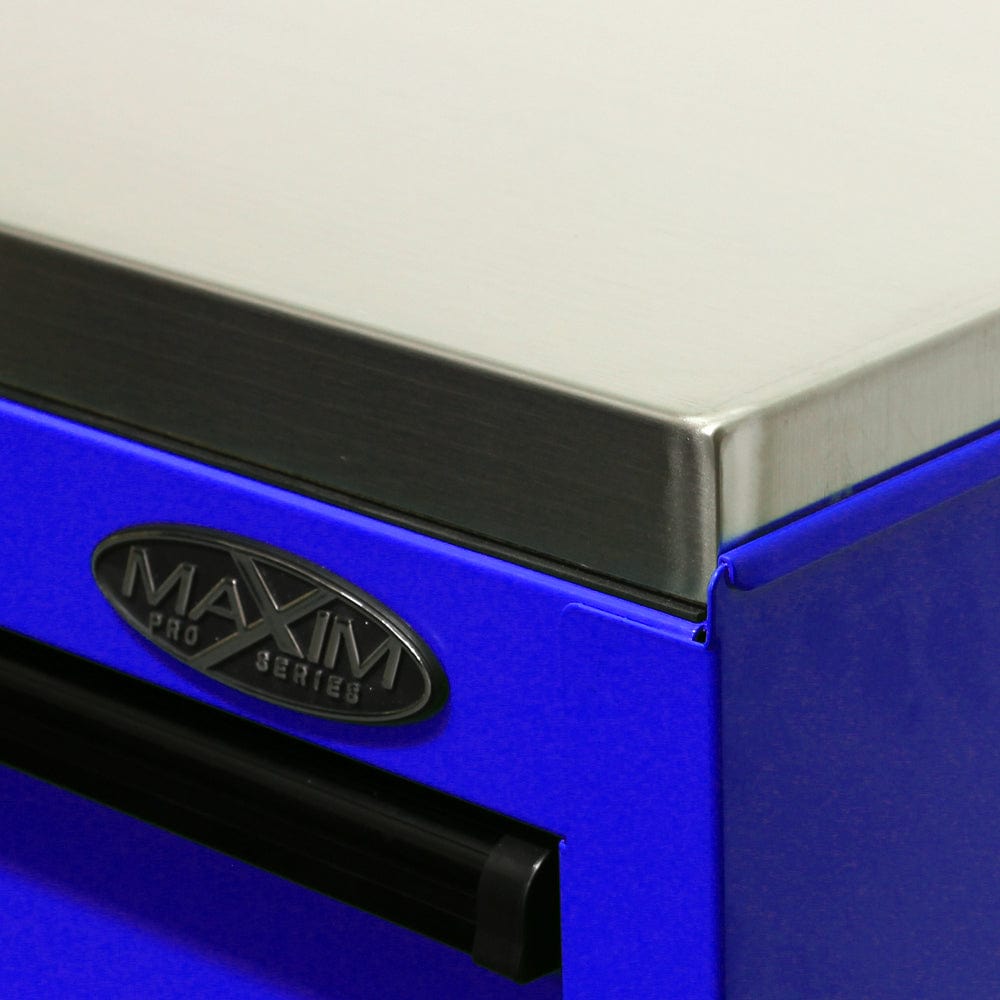 Maxim Pro Series 54” Workstation - 54” Roll cabinet, 54” Side Locker +/- Stainless Steel Top MAXIM 76” Blue Workstation Toolbox with 15 Drawers