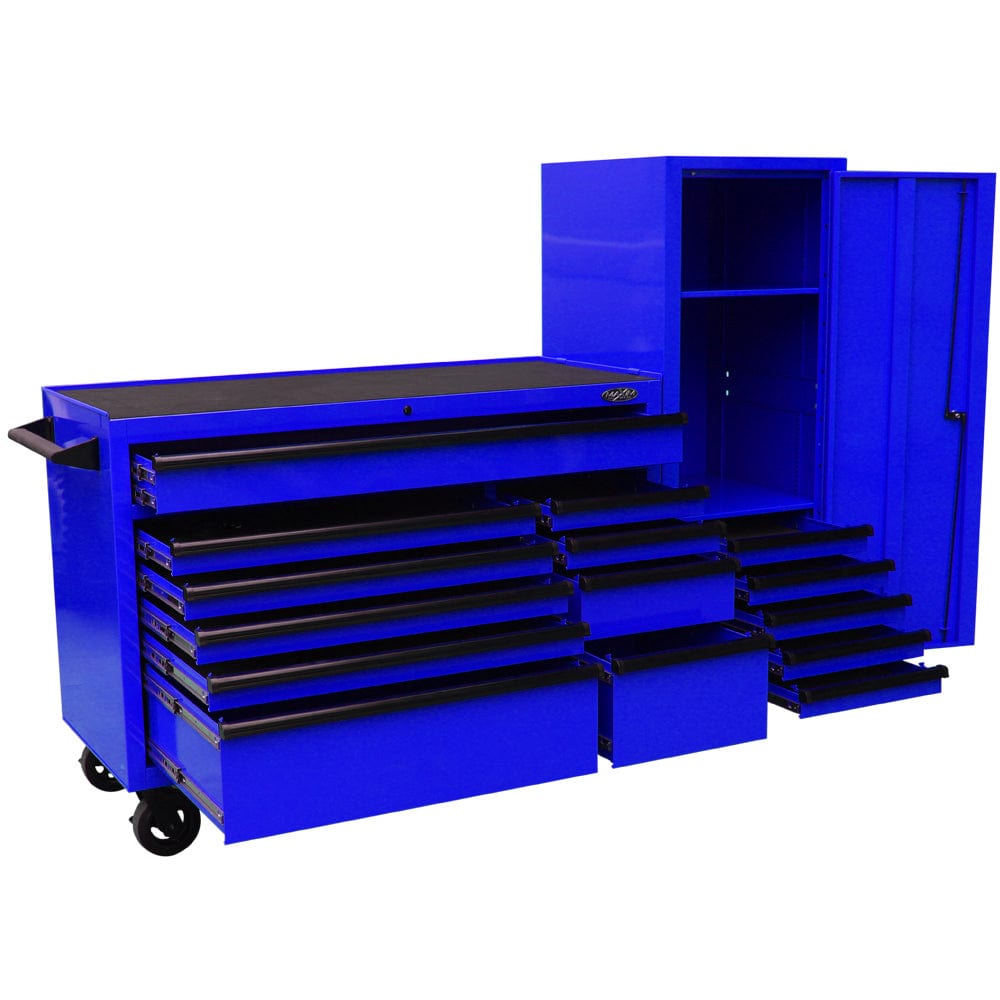 Maxim Pro Series 54” Workstation - 54” Roll cabinet, 54” Side Locker +/- Stainless Steel Top MAXIM 76” Blue Workstation Toolbox with 15 Drawers