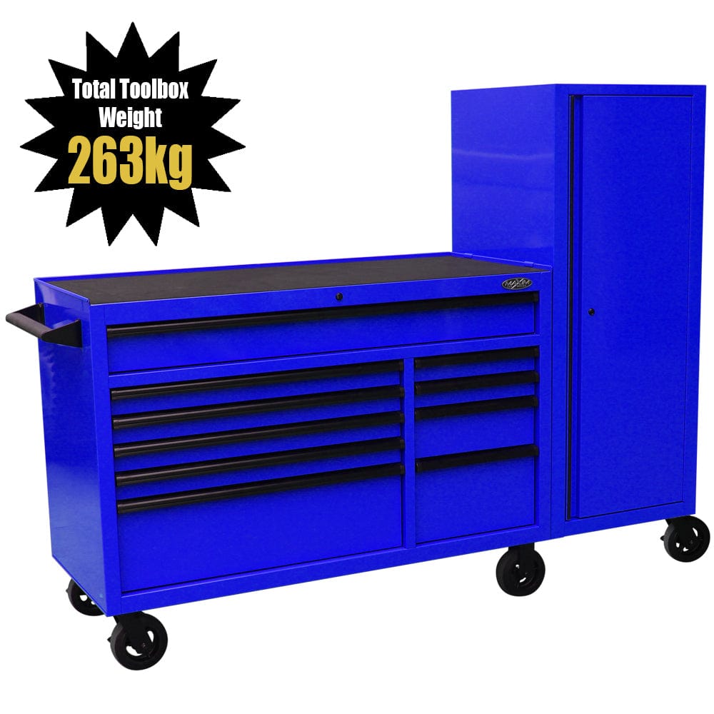 Maxim Pro Series 54” Workstation - 54” Roll cabinet, 54” Side Locker +/- Stainless Steel Top MAXIM 76” Blue Workstation Toolbox with 15 Drawers