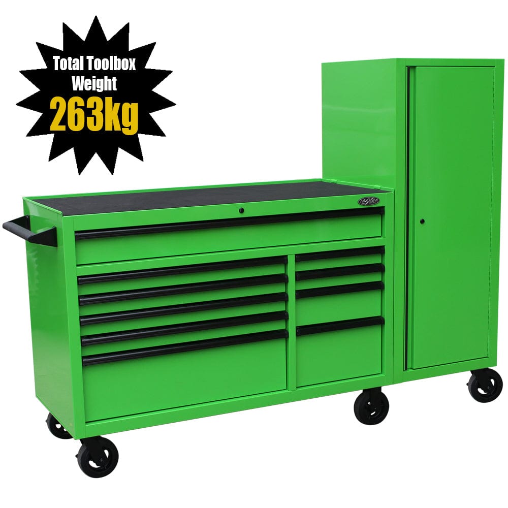 Maxim Pro Series 54” Workstation - 54” Roll cabinet, 54” Side Locker +/- Stainless Steel Top MAXIM 76” Green Workstation Toolbox with 15 Drawers