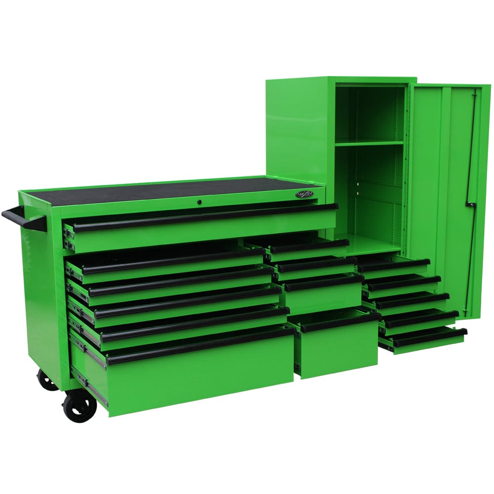 Maxim Pro Series 54” Workstation - 54” Roll cabinet, 54” Side Locker +/- Stainless Steel Top MAXIM 76” Green Workstation Toolbox with 15 Drawers