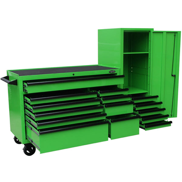 Maxim Pro Series 54” Workstation - 54” Roll cabinet, 54” Side Locker +/- Stainless Steel Top MAXIM 76” Green Workstation Toolbox with 15 Drawers