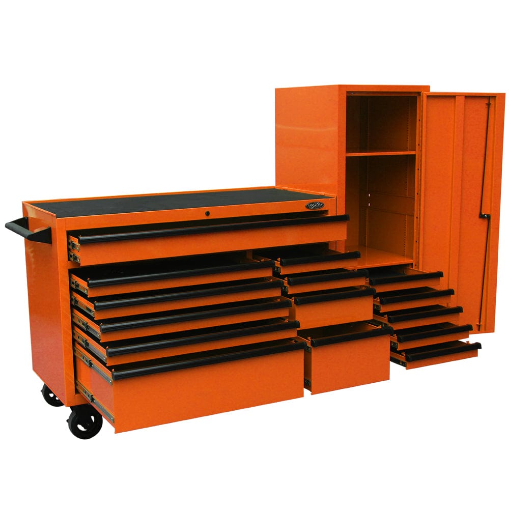 Maxim Pro Series 54” Workstation - 54” Roll cabinet, 54” Side Locker +/- Stainless Steel Top MAXIM 76” Orange Workstation Toolbox with 15 Drawers