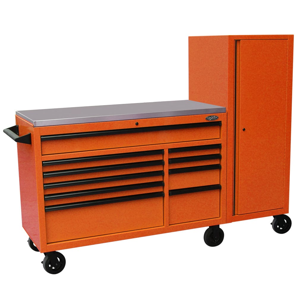 Maxim Pro Series 54” Workstation - 54” Roll cabinet, 54” Side Locker +/- Stainless Steel Top MAXIM 76” Orange Workstation Toolbox with 15 Drawers