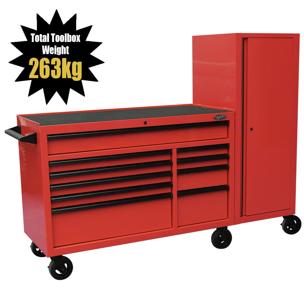 Maxim Pro Series 54” Workstation - 54” Roll cabinet, 54” Side Locker +/- Stainless Steel Top MAXIM 76” Red Workstation Toolbox with 15 Drawers