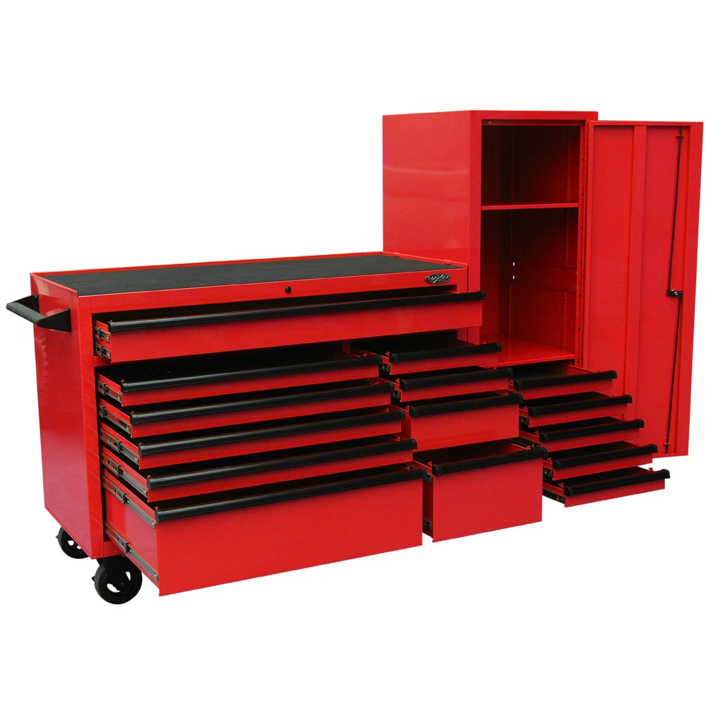 Maxim Pro Series 54” Workstation - 54” Roll cabinet, 54” Side Locker +/- Stainless Steel Top MAXIM 76” Red Workstation Toolbox with 15 Drawers