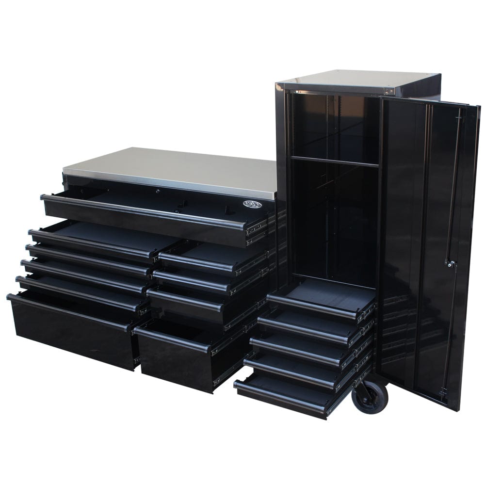 Maxim Pro Series 54” Workstation - 54” Roll cabinet, 54” Side Locker +/- Stainless Steel Top Stainless Steel Top MAXIM 76” Black Workstation Toolbox with 15 Drawers