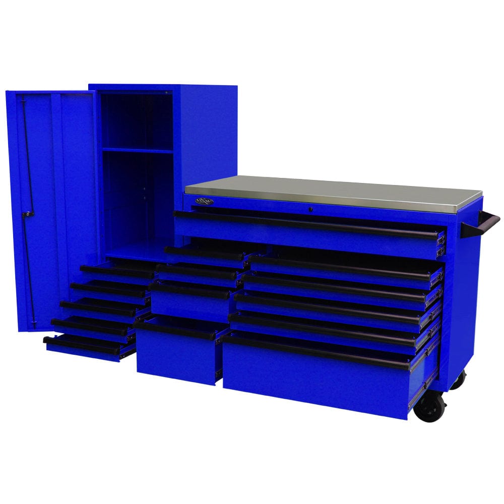 Maxim Pro Series 54” Workstation - 54” Roll cabinet, 54” Side Locker +/- Stainless Steel Top Stainless Steel Top MAXIM 76” Blue Workstation Toolbox with 15 Drawers
