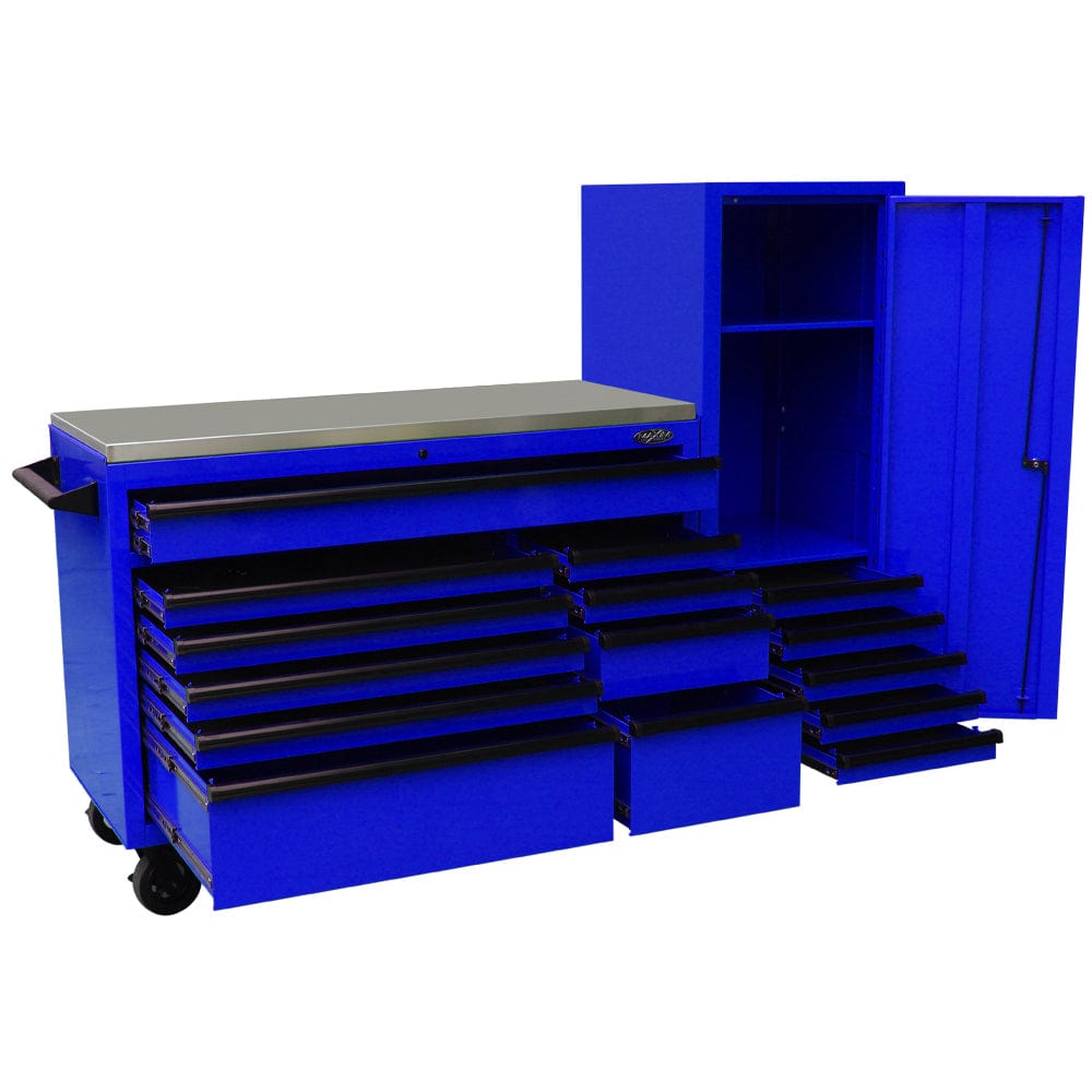 Maxim Pro Series 54” Workstation - 54” Roll cabinet, 54” Side Locker +/- Stainless Steel Top Stainless Steel Top MAXIM 76” Blue Workstation Toolbox with 15 Drawers