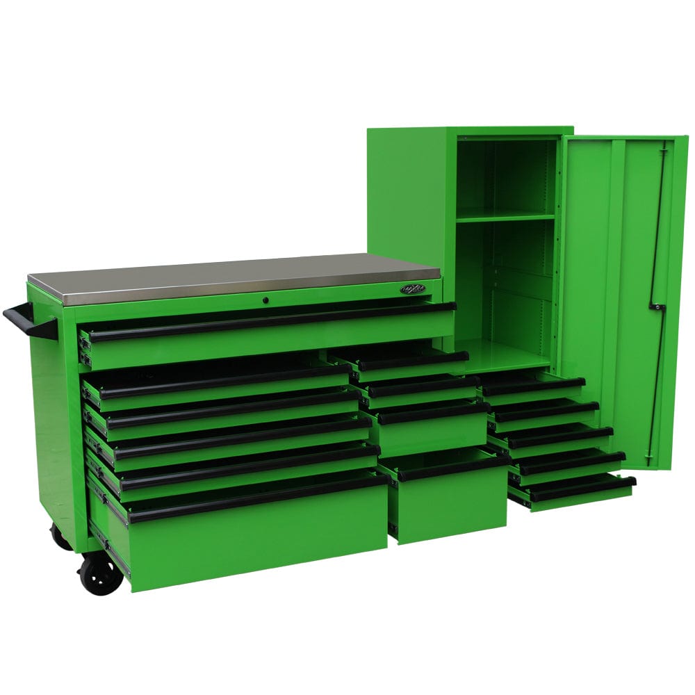 Maxim Pro Series 54” Workstation - 54” Roll cabinet, 54” Side Locker +/- Stainless Steel Top Stainless Steel Top MAXIM 76” Green Workstation Toolbox with 15 Drawers