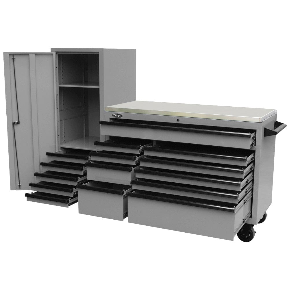 Maxim Pro Series 54” Workstation - 54” Roll cabinet, 54” Side Locker +/- Stainless Steel Top Stainless Steel Top MAXIM 76” Nardo Grey Workstation Toolbox with 15 Drawers