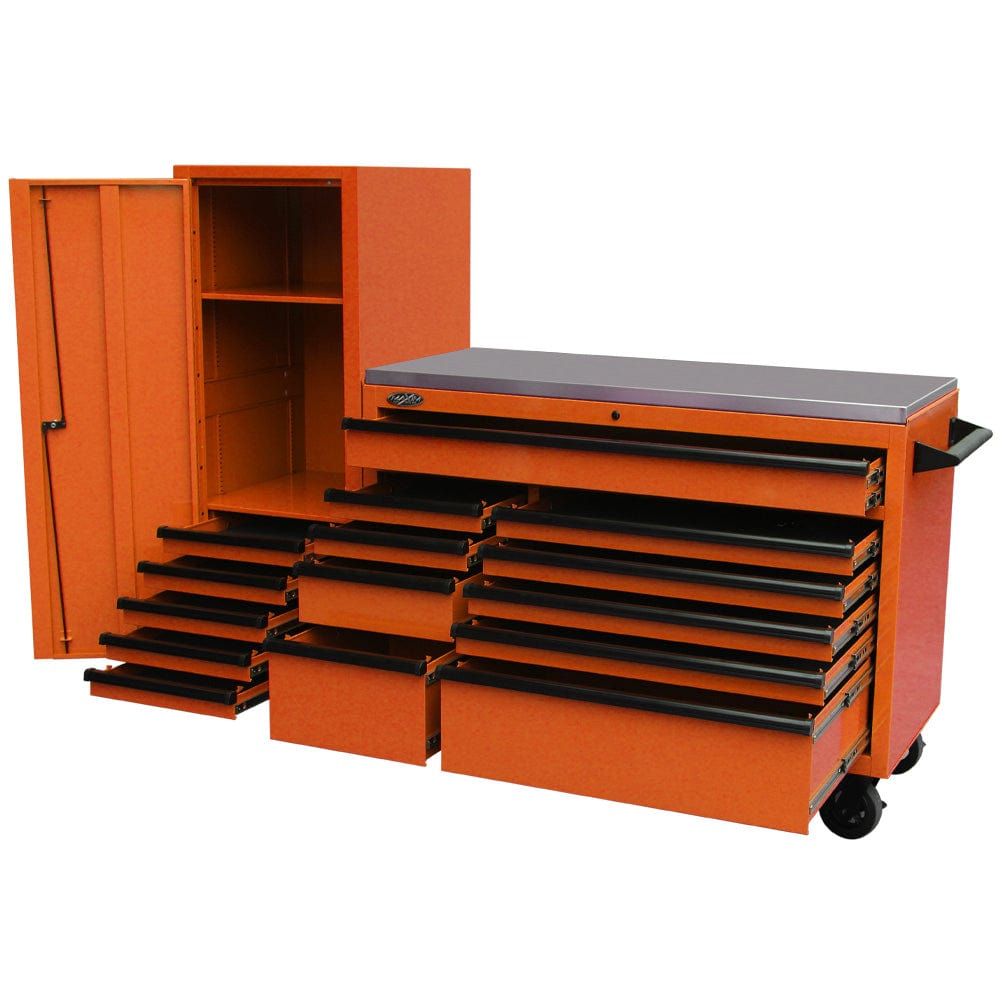 Maxim Pro Series 54” Workstation - 54” Roll cabinet, 54” Side Locker +/- Stainless Steel Top Stainless Steel Top MAXIM 76” Orange Workstation Toolbox with 15 Drawers