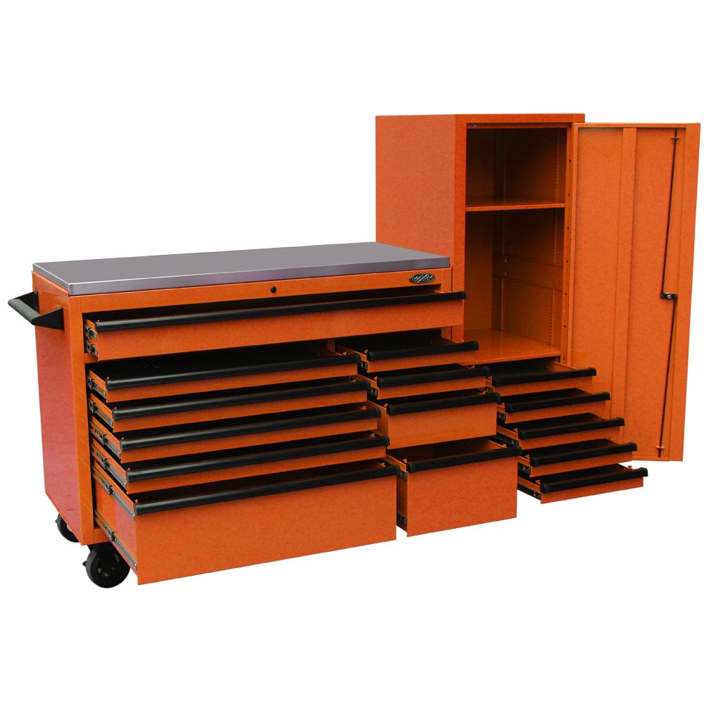 Maxim Pro Series 54” Workstation - 54” Roll cabinet, 54” Side Locker +/- Stainless Steel Top Stainless Steel Top MAXIM 76” Orange Workstation Toolbox with 15 Drawers