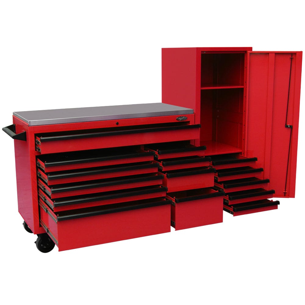 Maxim Pro Series 54” Workstation - 54” Roll cabinet, 54” Side Locker +/- Stainless Steel Top Stainless Steel Top MAXIM 76” Red Workstation Toolbox with 15 Drawers