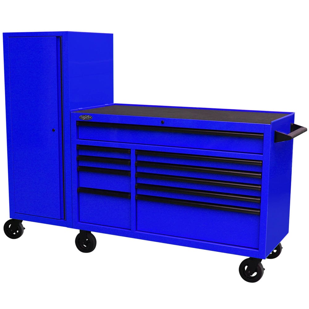 Maxim Pro Series 54” Workstation - 54” Roll cabinet, 54” Side Locker +/- Stainless Steel Top Standard Top MAXIM 76” Blue Workstation Toolbox with 15 Drawers