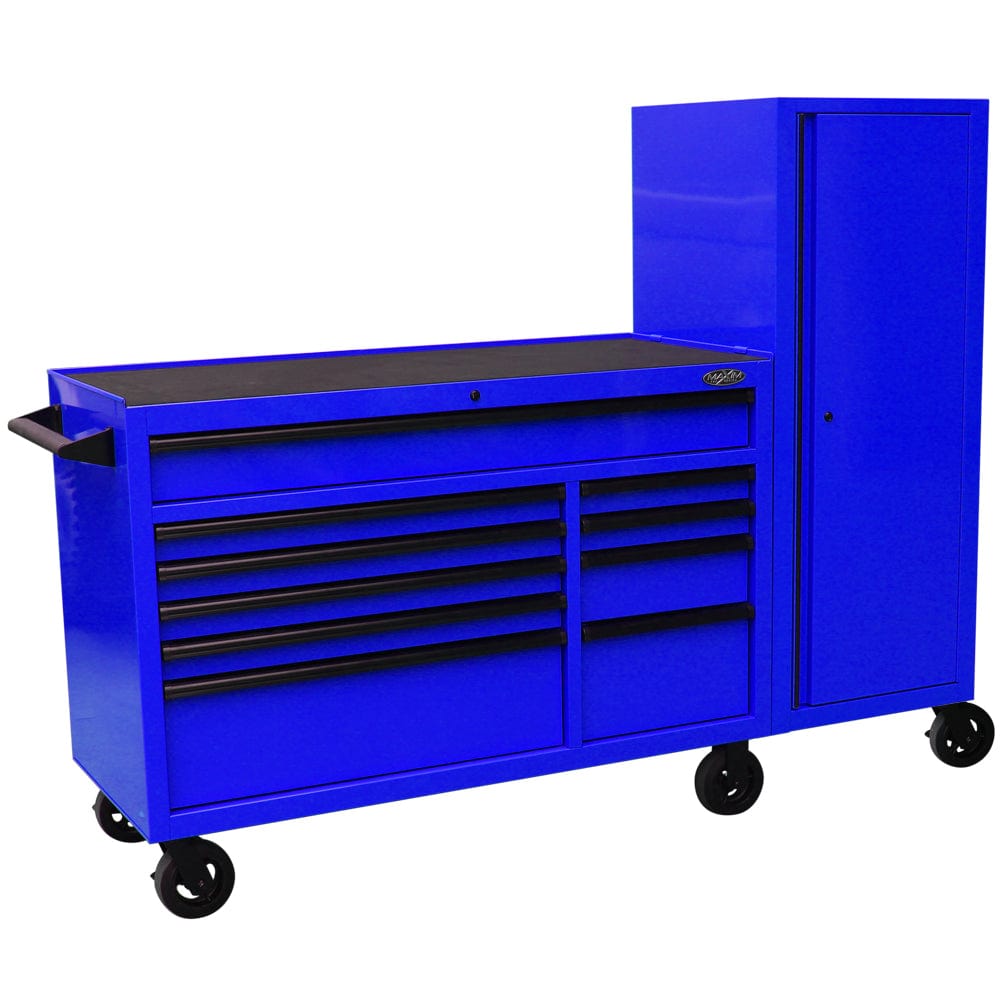 Maxim Pro Series 54” Workstation - 54” Roll cabinet, 54” Side Locker +/- Stainless Steel Top Standard Top MAXIM 76” Blue Workstation Toolbox with 15 Drawers