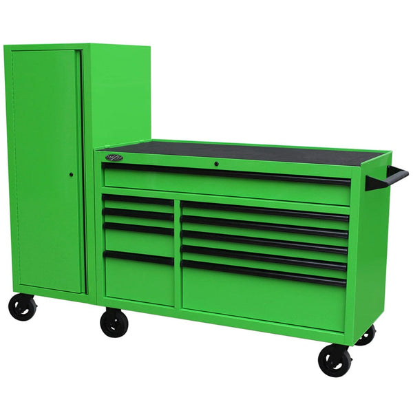 Maxim Pro Series 54” Workstation - 54” Roll cabinet, 54” Side Locker +/- Stainless Steel Top Standard Top MAXIM 76” Green Workstation Toolbox with 15 Drawers