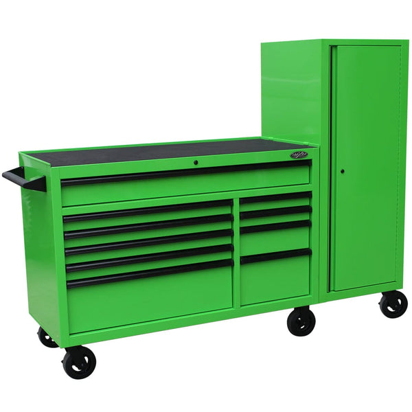 Maxim Pro Series 54” Workstation - 54” Roll cabinet, 54” Side Locker +/- Stainless Steel Top Standard Top MAXIM 76” Green Workstation Toolbox with 15 Drawers