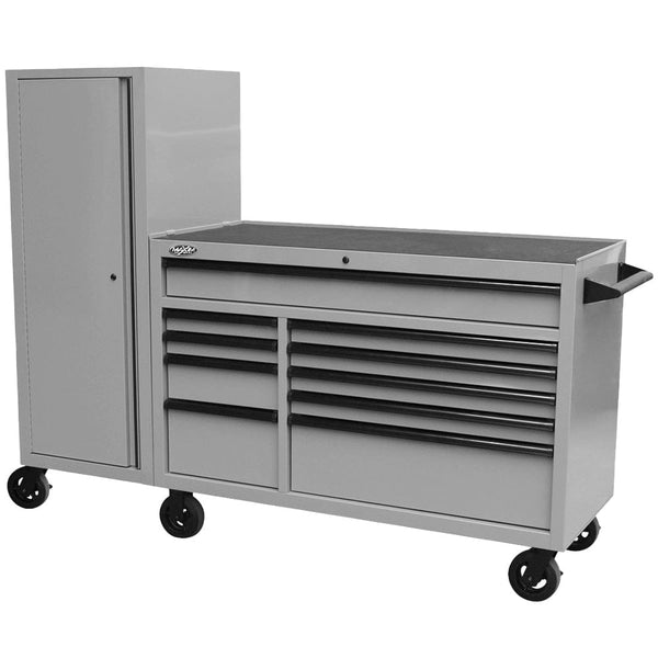 Maxim Pro Series 54” Workstation - 54” Roll cabinet, 54” Side Locker +/- Stainless Steel Top Standard Top MAXIM 76” Nardo Grey Workstation Toolbox with 15 Drawers