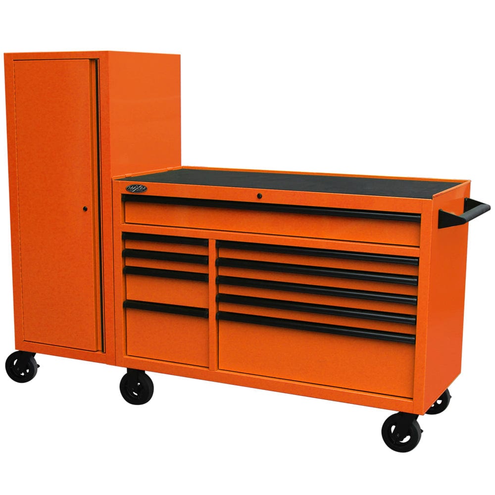 Maxim Pro Series 54” Workstation - 54” Roll cabinet, 54” Side Locker +/- Stainless Steel Top Standard Top MAXIM 76” Orange Workstation Toolbox with 15 Drawers