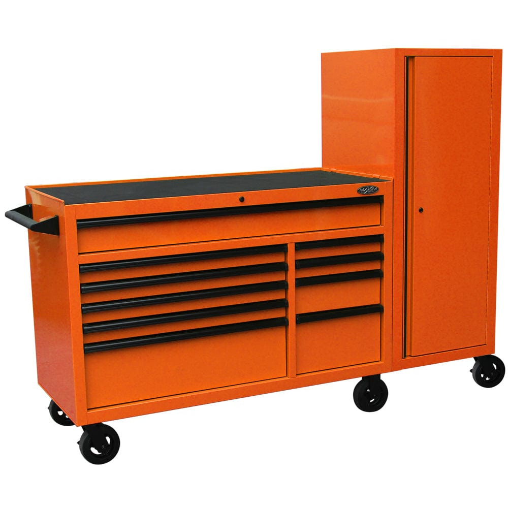 Maxim Pro Series 54” Workstation - 54” Roll cabinet, 54” Side Locker +/- Stainless Steel Top Standard Top MAXIM 76” Orange Workstation Toolbox with 15 Drawers