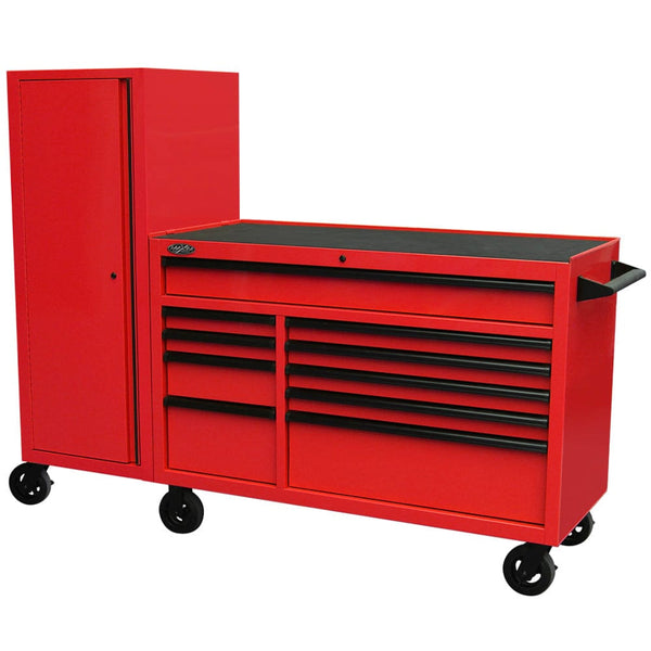 Maxim Pro Series 54” Workstation - 54” Roll cabinet, 54” Side Locker +/- Stainless Steel Top Standard Top MAXIM 76” Red Workstation Toolbox with 15 Drawers