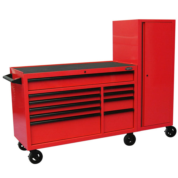 Maxim Pro Series 54” Workstation - 54” Roll cabinet, 54” Side Locker +/- Stainless Steel Top Standard Top MAXIM 76” Red Workstation Toolbox with 15 Drawers