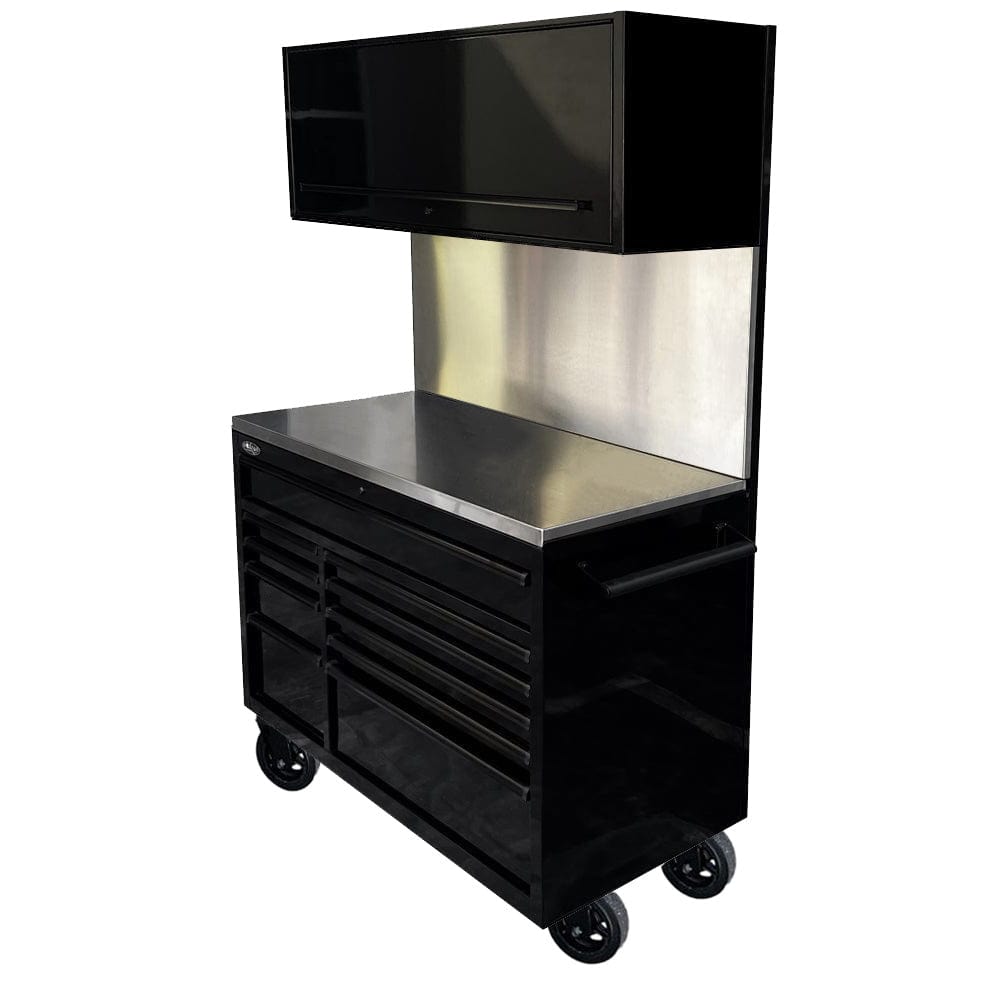 Maxim Pro Series 54” Workstation - 54” Roll cabinet, 54” Top chest, 54” Splashback +/- Stainless Steel Top MAXIM 54” Black 10 Drawer Workstation on Wheels