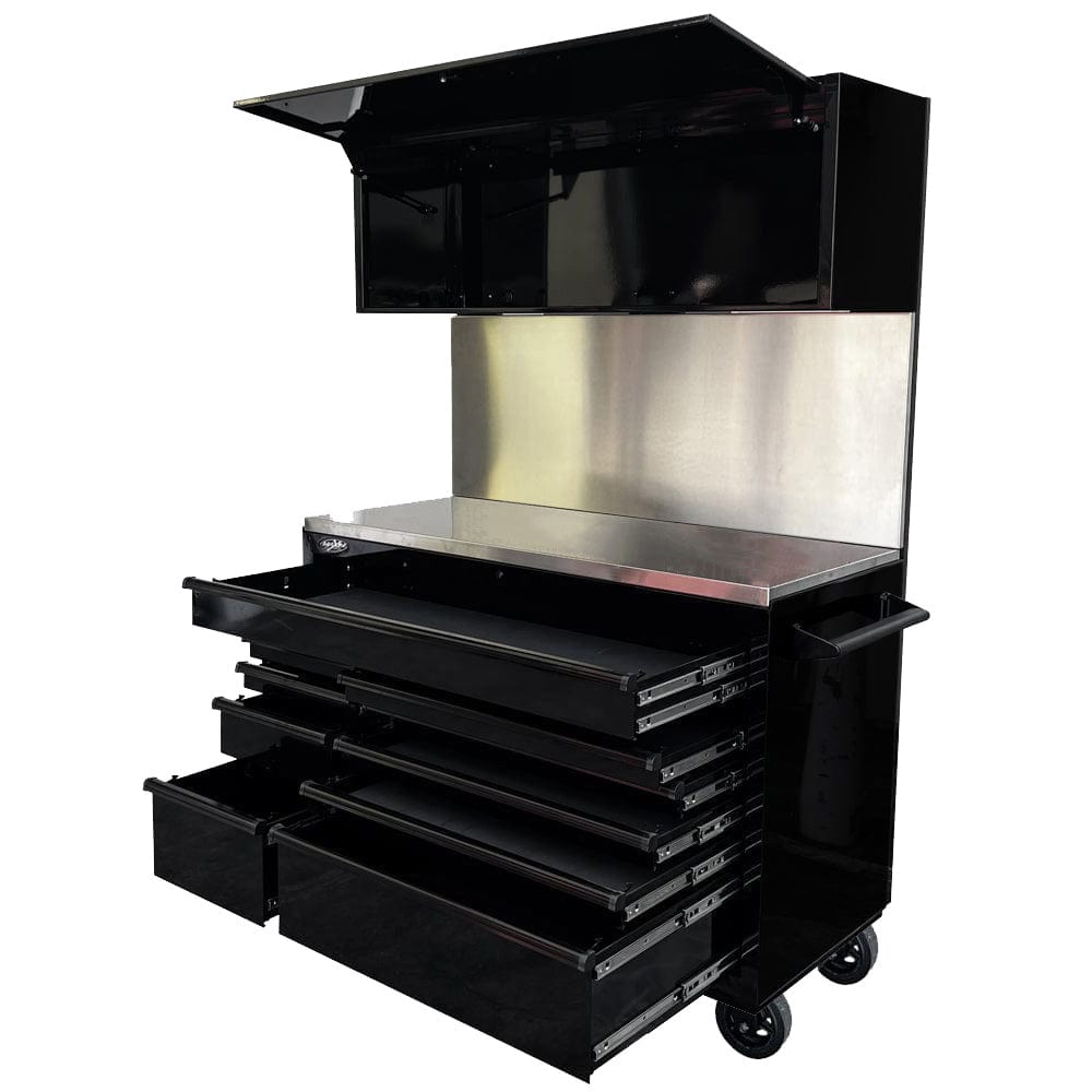 Maxim Pro Series 54” Workstation - 54” Roll cabinet, 54” Top chest, 54” Splashback +/- Stainless Steel Top MAXIM 54” Black 10 Drawer Workstation on Wheels