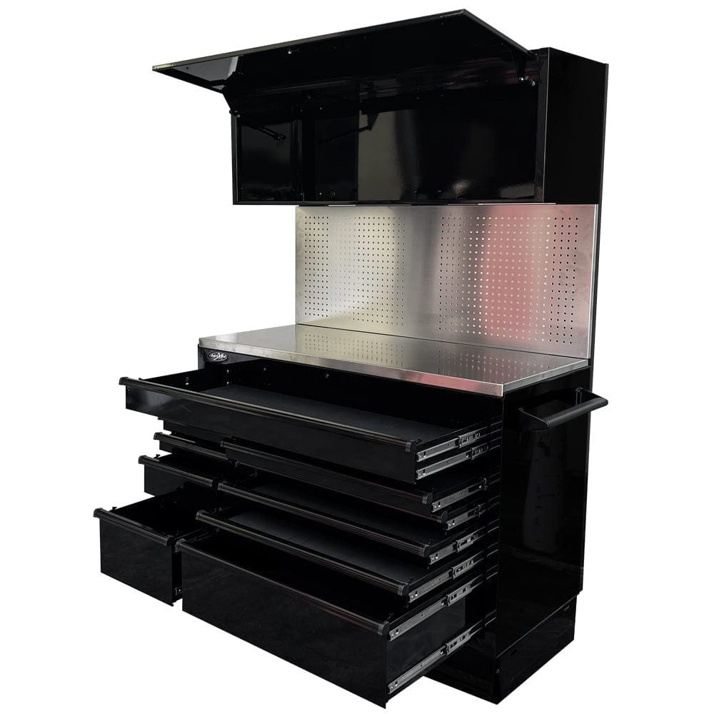 Maxim Pro Series 54” Workstation - 54” Roll cabinet, 54” Top chest, 54” Splashback +/- Stainless Steel Top MAXIM 54” Black 10 Drawer Workstation Roll Cabinet, Splashback & Top Shelf