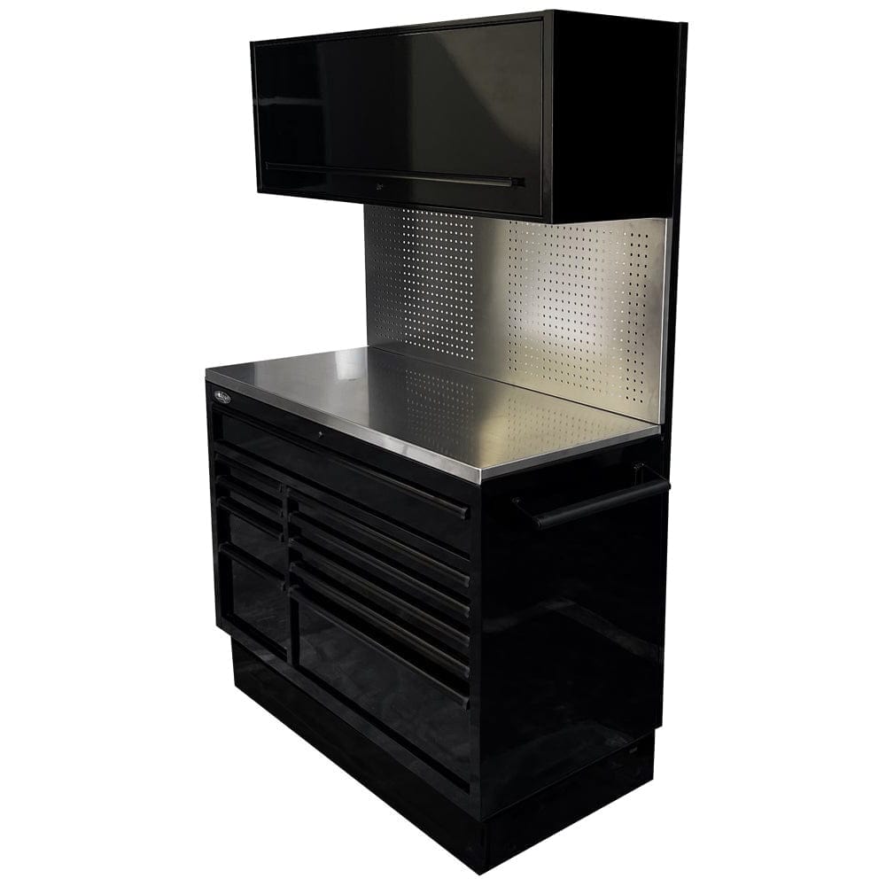 Maxim Pro Series 54” Workstation - 54” Roll cabinet, 54” Top chest, 54” Splashback +/- Stainless Steel Top MAXIM 54” Black 10 Drawer Workstation Roll Cabinet, Splashback & Top Shelf