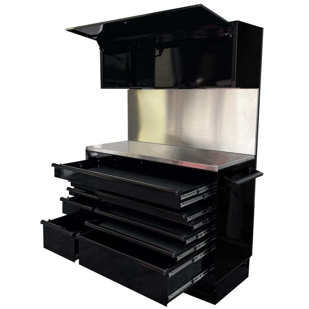 Maxim Pro Series 54” Workstation - 54” Roll cabinet, 54” Top chest, 54” Splashback +/- Stainless Steel Top MAXIM 54” Black 10 Drawer Workstation Roll Cabinet, Splashback & Top Shelf