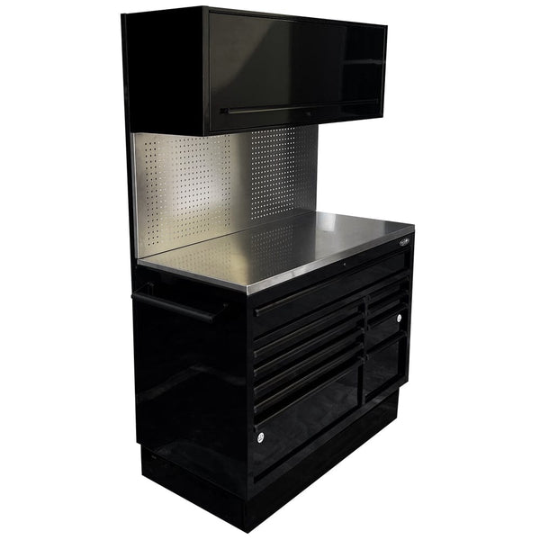 Maxim Pro Series 54” Workstation - 54” Roll cabinet, 54” Top chest, 54” Splashback +/- Stainless Steel Top MAXIM 54” Black Workstation with 10 Drawers, Splashback, Top Cabinet