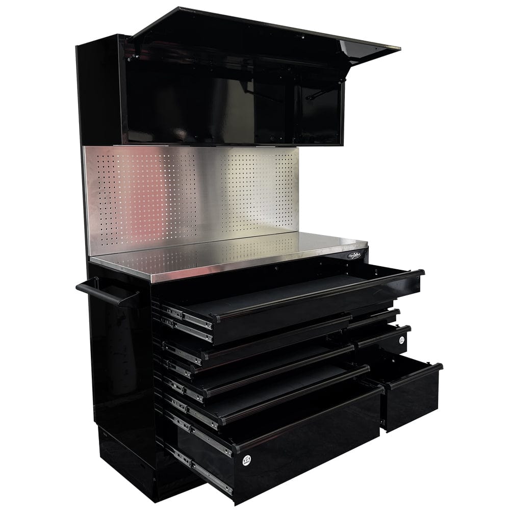 Maxim Pro Series 54” Workstation - 54” Roll cabinet, 54” Top chest, 54” Splashback +/- Stainless Steel Top MAXIM 54” Black Workstation with 10 Drawers, Splashback, Top Cabinet