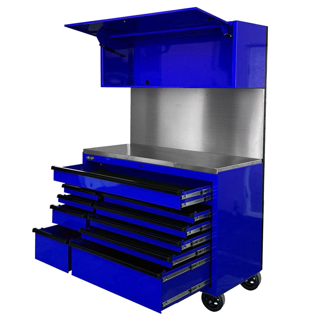 Maxim Pro Series 54” Workstation - 54” Roll cabinet, 54” Top chest, 54” Splashback +/- Stainless Steel Top MAXIM 54” Blue 10 Drawer Workstation on Wheels