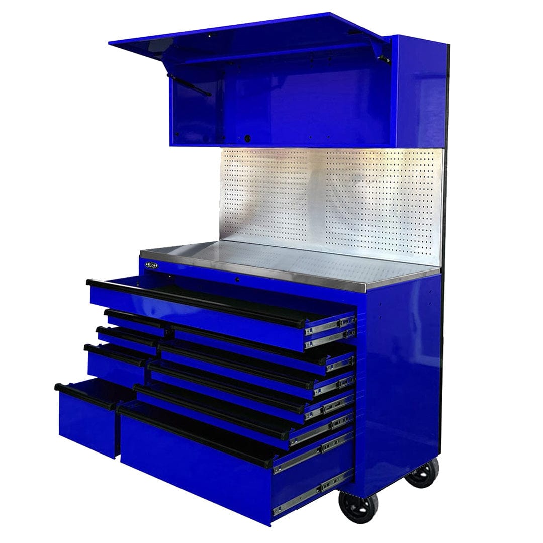 Maxim Pro Series 54” Workstation - 54” Roll cabinet, 54” Top chest, 54” Splashback +/- Stainless Steel Top MAXIM 54” Blue 10 Drawer Workstation on Wheels