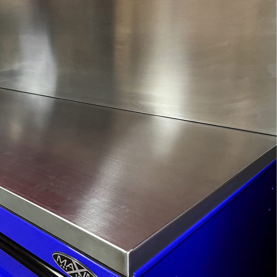 Maxim Pro Series 54” Workstation - 54” Roll cabinet, 54” Top chest, 54” Splashback +/- Stainless Steel Top MAXIM 54” Blue 10 Drawer Workstation Roll Cabinet, Splashback & Top Shelf