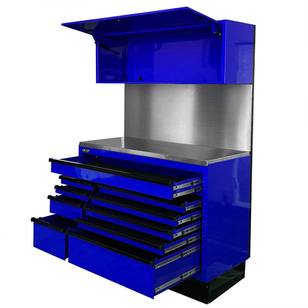 Maxim Pro Series 54” Workstation - 54” Roll cabinet, 54” Top chest, 54” Splashback +/- Stainless Steel Top MAXIM 54” Blue 10 Drawer Workstation Roll Cabinet, Splashback & Top Shelf