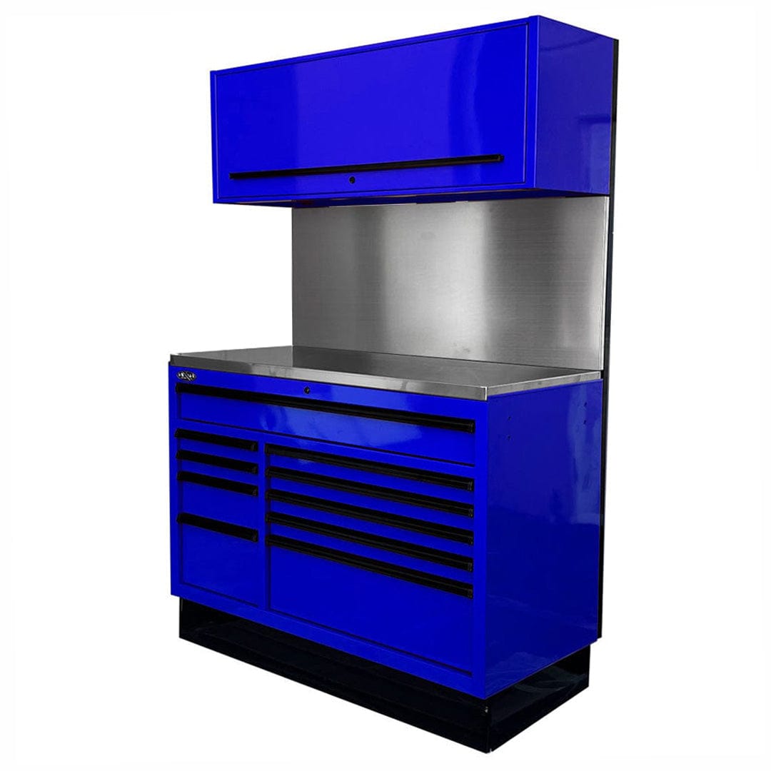 Maxim Pro Series 54” Workstation - 54” Roll cabinet, 54” Top chest, 54” Splashback +/- Stainless Steel Top MAXIM 54” Blue 10 Drawer Workstation Roll Cabinet, Splashback & Top Shelf