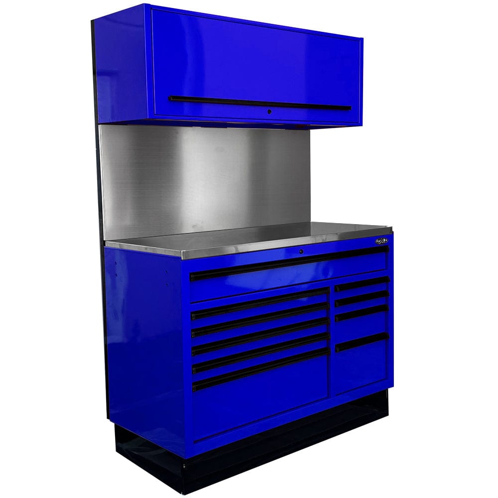 Maxim Pro Series 54” Workstation - 54” Roll cabinet, 54” Top chest, 54” Splashback +/- Stainless Steel Top MAXIM 54” Blue Workstation with 10 Drawers, Splashback, Top Cabinet