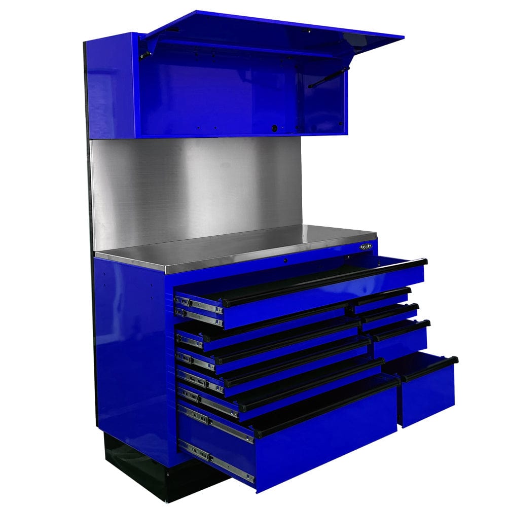 Maxim Pro Series 54” Workstation - 54” Roll cabinet, 54” Top chest, 54” Splashback +/- Stainless Steel Top MAXIM 54” Blue Workstation with 10 Drawers, Splashback, Top Cabinet