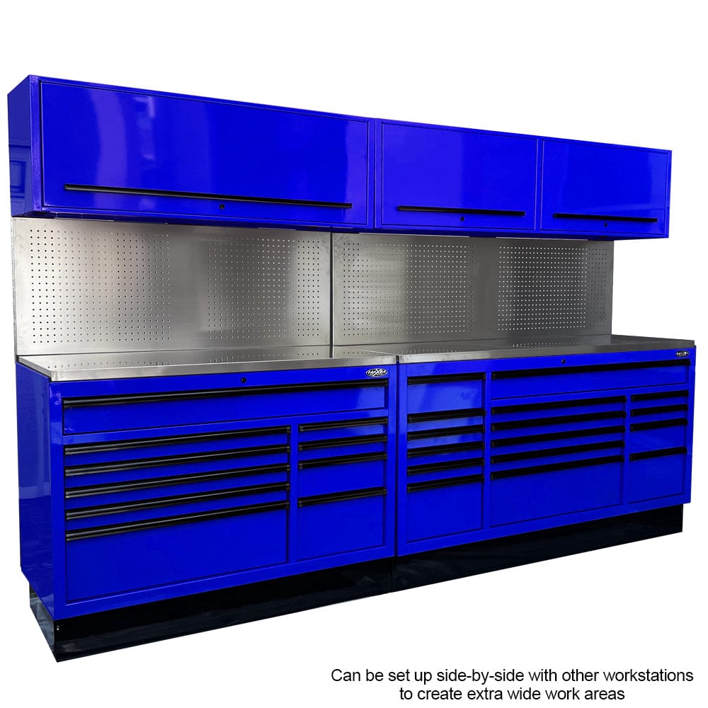 Maxim Pro Series 54” Workstation - 54” Roll cabinet, 54” Top chest, 54” Splashback +/- Stainless Steel Top MAXIM 54” Blue Workstation with 10 Drawers, Splashback, Top Cabinet