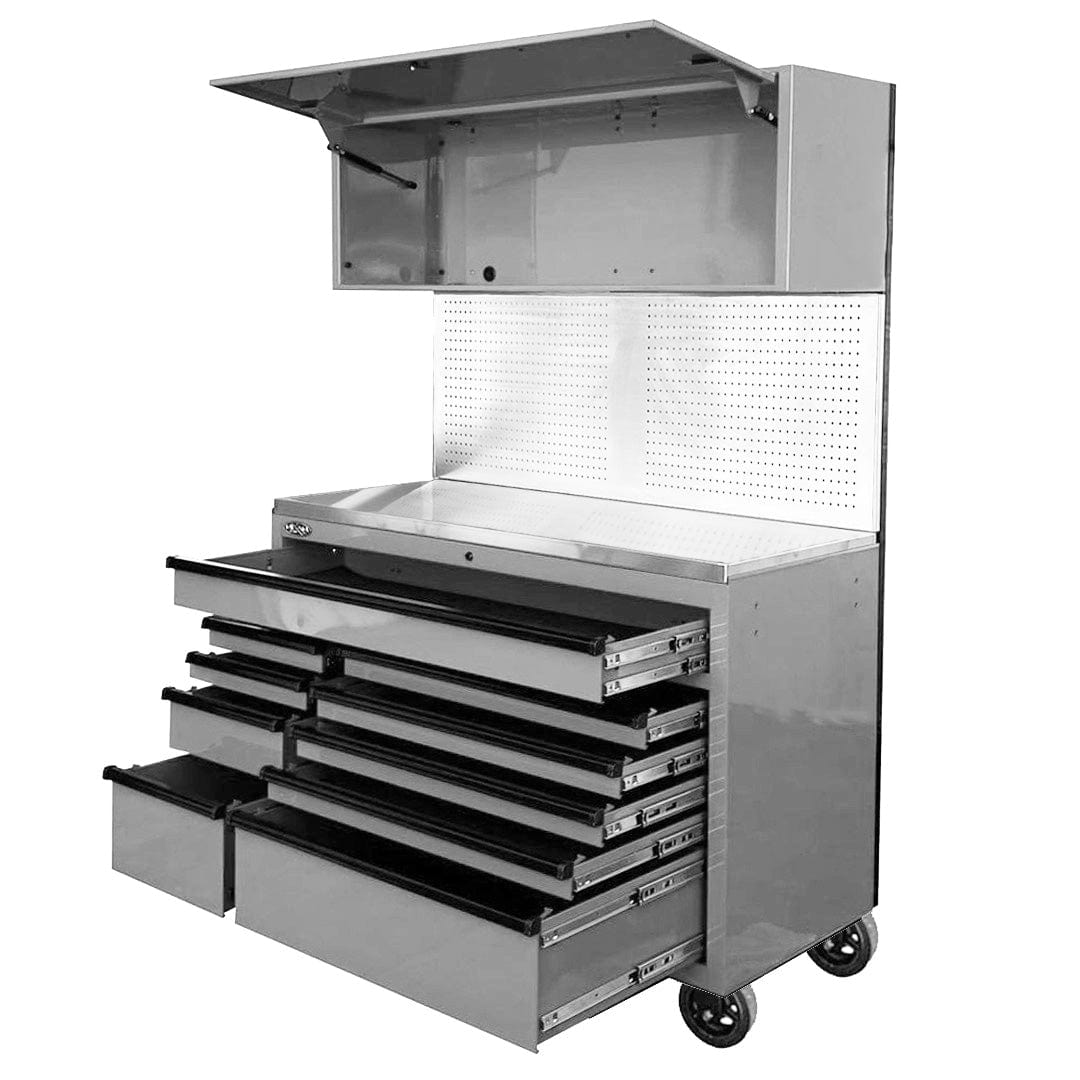 Maxim Pro Series 54” Workstation - 54” Roll cabinet, 54” Top chest, 54” Splashback +/- Stainless Steel Top MAXIM 54” Nardo Grey 10 Drawer Workstation on Wheels