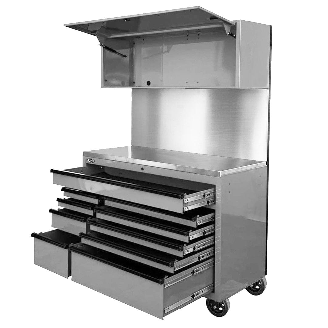 Maxim Pro Series 54” Workstation - 54” Roll cabinet, 54” Top chest, 54” Splashback +/- Stainless Steel Top MAXIM 54” Nardo Grey 10 Drawer Workstation on Wheels