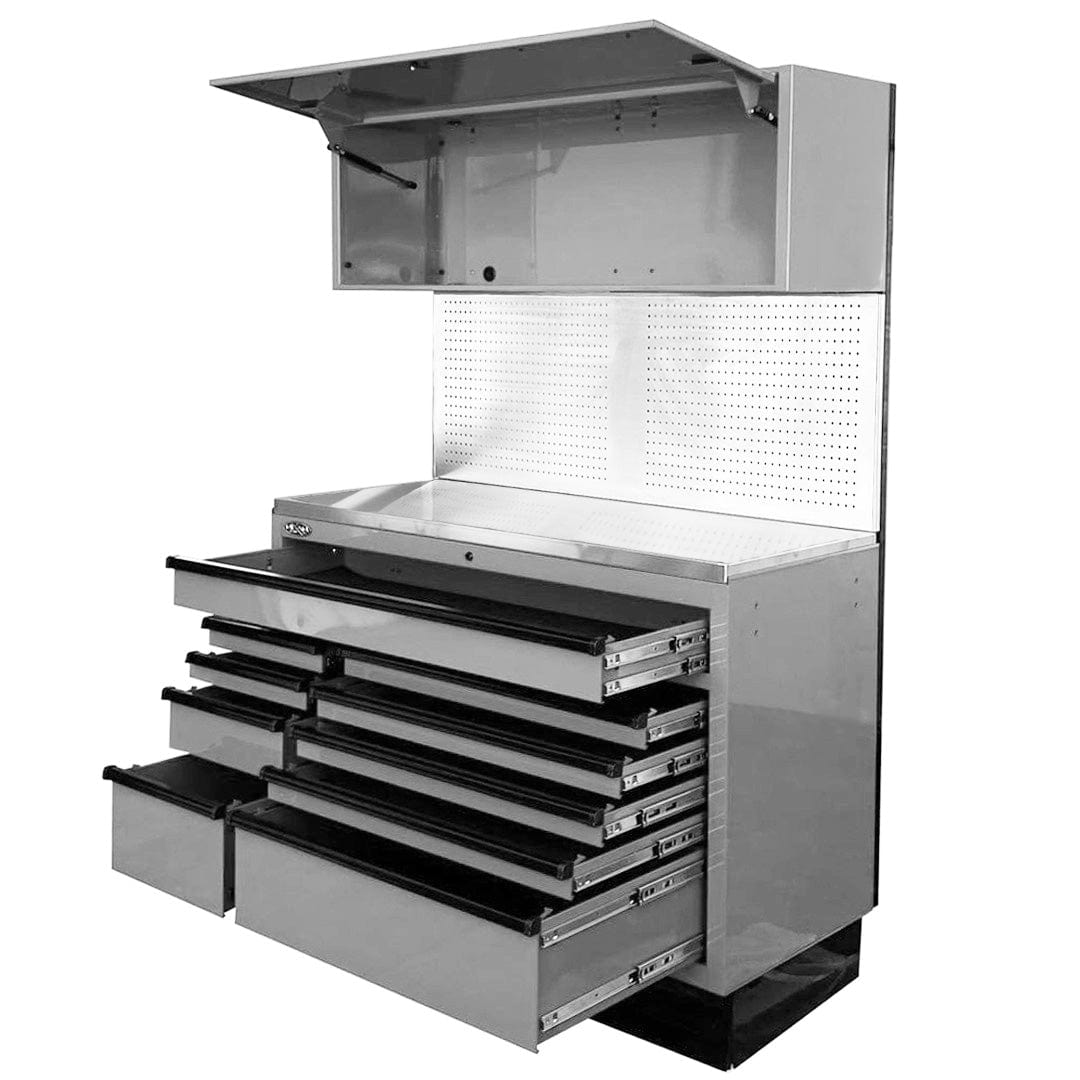 Maxim Pro Series 54” Workstation - 54” Roll cabinet, 54” Top chest, 54” Splashback +/- Stainless Steel Top MAXIM 54” Nardo Grey 10 Drawer Workstation Roll Cabinet, Splashback & Top Shelf