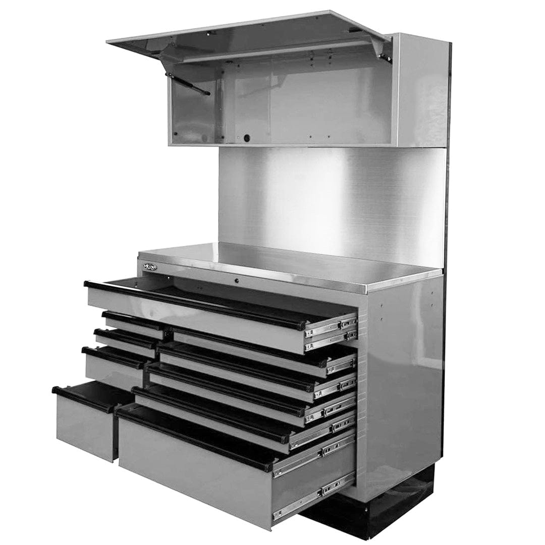 Maxim Pro Series 54” Workstation - 54” Roll cabinet, 54” Top chest, 54” Splashback +/- Stainless Steel Top MAXIM 54” Nardo Grey 10 Drawer Workstation Roll Cabinet, Splashback & Top Shelf