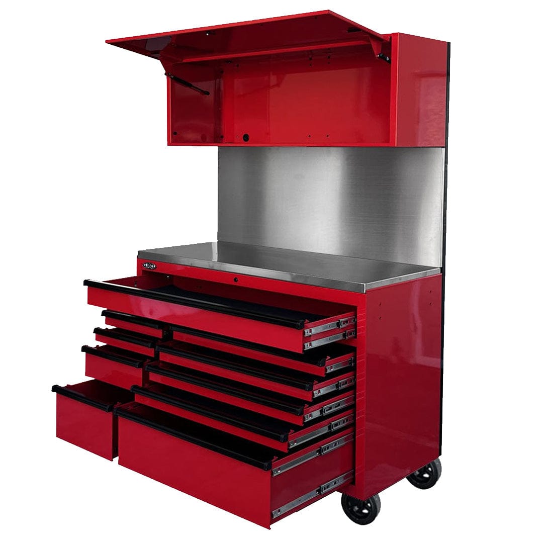 Maxim Pro Series 54” Workstation - 54” Roll cabinet, 54” Top chest, 54” Splashback +/- Stainless Steel Top MAXIM 54” Red 10 Drawer Workstation on Wheels