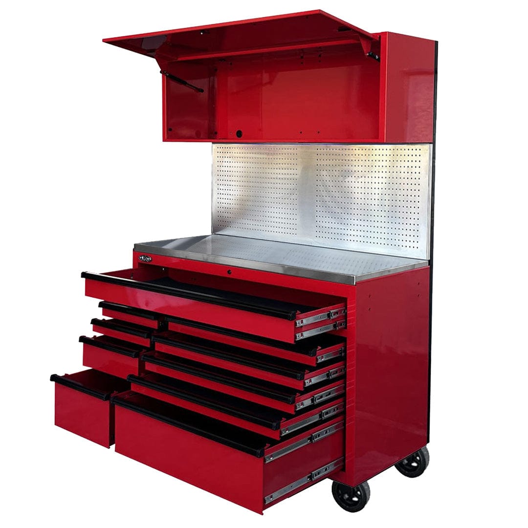 Maxim Pro Series 54” Workstation - 54” Roll cabinet, 54” Top chest, 54” Splashback +/- Stainless Steel Top MAXIM 54” Red 10 Drawer Workstation on Wheels